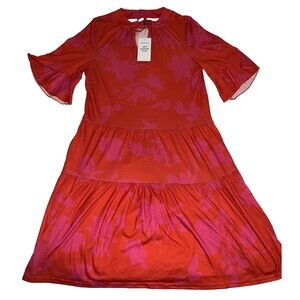 QINCAO Womens Size S ~ Loose Tiered Babydoll Ruffled Sleeve Dress ~ Coral & Pink